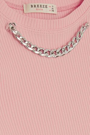 BREEZE Kız Çocuk Crop Tişört Zincir Aksesuarlı 9-14 Yaş, Somon