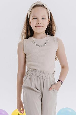 Breeze Kız Çocuk Crop Tişört Zincir Aksesuarlı 9-16 Yaş, Bej