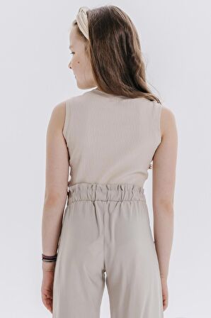 Breeze Kız Çocuk Crop Tişört Zincir Aksesuarlı 9-16 Yaş, Bej