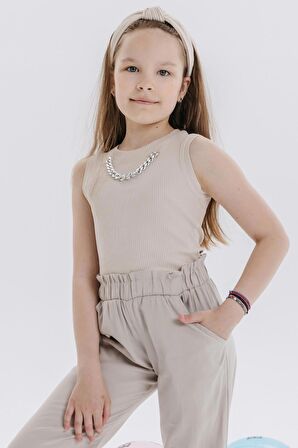 Breeze Kız Çocuk Crop Tişört Zincir Aksesuarlı 9-16 Yaş, Bej
