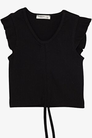 BREEZE Kız Çocuk Crop Tişört Bağcıklı Fırfırlı 8-14 Yaş, Siyah