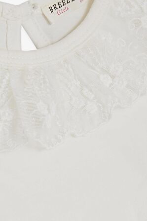 BREEZE Kız Çocuk Tişört Yakası Güpürlü Nakışlı 1-4 Yaş, Ekru