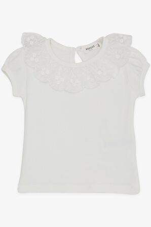 BREEZE Kız Çocuk Tişört Yakası Güpürlü Nakışlı 1-4 Yaş, Ekru