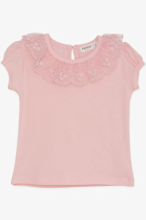 Breeze Kız Çocuk Tişört Yakası Güpürlü Nakışlı 1-4 Yaş, Pembe