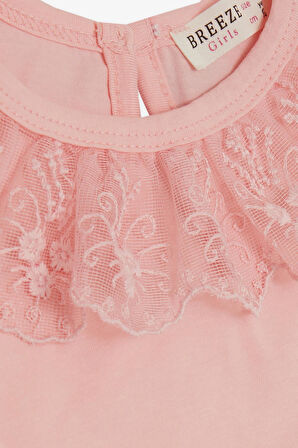 Breeze Kız Çocuk Tişört Yakası Güpürlü Nakışlı 1-4 Yaş, Pembe