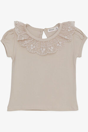 Breeze Kız Çocuk Tişört Yakası Güpürlü Nakışlı 1-4 Yaş, Bej