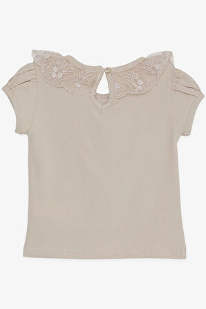 Breeze Kız Çocuk Tişört Yakası Güpürlü Nakışlı 1-4 Yaş, Bej