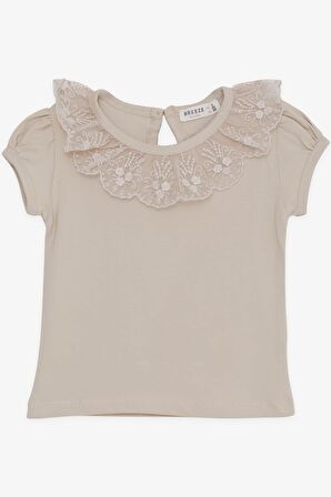 BREEZE Kız Çocuk Tişört Yakası Güpürlü Nakışlı 1-4 Yaş, Bej
