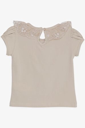 BREEZE Kız Çocuk Tişört Yakası Güpürlü Nakışlı 1-4 Yaş, Bej
