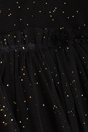 BREEZE Kız Çocuk Elbise Simli Tüllü Fırfırlı 3-7 Yaş, Siyah