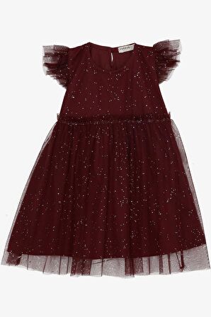 BREEZE Kız Çocuk Elbise Simli Tüllü Fırfırlı 3-7 Yaş, Bordo