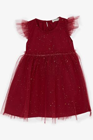 BREEZE Kız Çocuk Elbise Simli Tüllü Fırfırlı 3-7 Yaş, Mürdüm