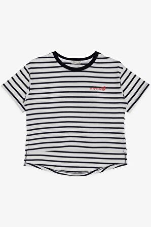 Breeze Kız Çocuk Tişört Yazı Baskılı Önü Kısa Çizgili 9-16 Yaş, Beyaz