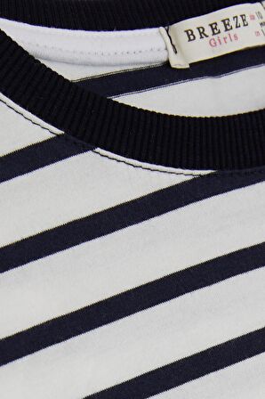 Breeze Kız Çocuk Tişört Yazı Baskılı Önü Kısa Çizgili 9-16 Yaş, Beyaz