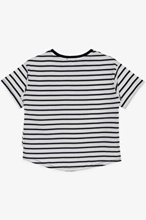 Breeze Kız Çocuk Tişört Yazı Baskılı Önü Kısa Çizgili 9-16 Yaş, Beyaz