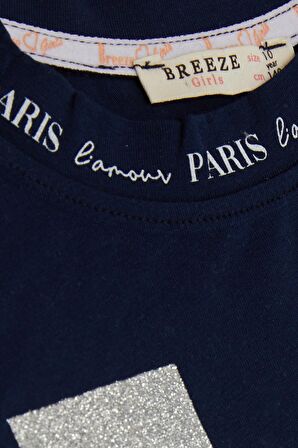 Breeze Kız Çocuk Tişört Yazı Baskılı Simli Yanları Büzgülü 9-14 Yaş, Lacivert