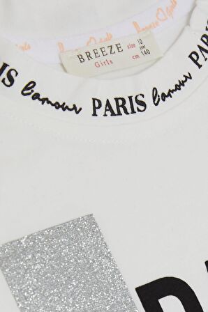 Breeze Kız Çocuk Tişört Yazı Baskılı Simli Yanları Büzgülü 9-14 Yaş, Ekru