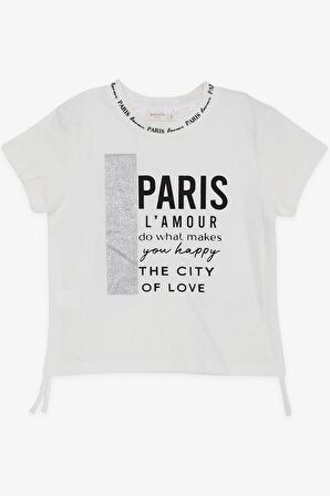 Breeze Kız Çocuk Tişört Yazı Baskılı Simli Yanları Büzgülü 9-14 Yaş, Ekru