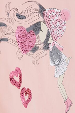 BREEZE Kız Çocuk Uzun Kollu Tişört Pullu Kalp Baskılı 2-6 Yaş, Somon