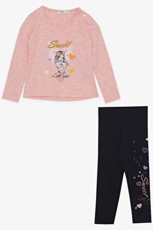 BREEZE Kız Çocuk Taytlı Takım Sevimli Kız Baskılı Kalpli 2-6 Yaş, Somon Melanj