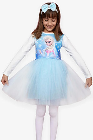 Babely Kız Çocuk Uzun Kollu Elbise Karlar Kraliçesi Elsa 5-10 Yaş, Mavi