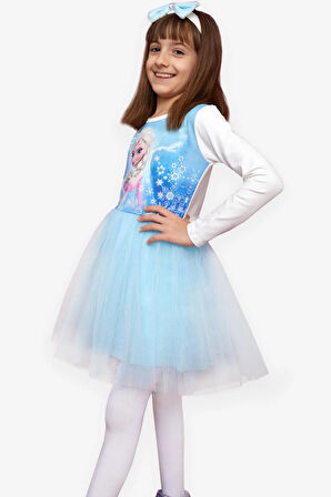 Babely Kız Çocuk Uzun Kollu Elbise Karlar Kraliçesi Elsa 5-10 Yaş, Mavi
