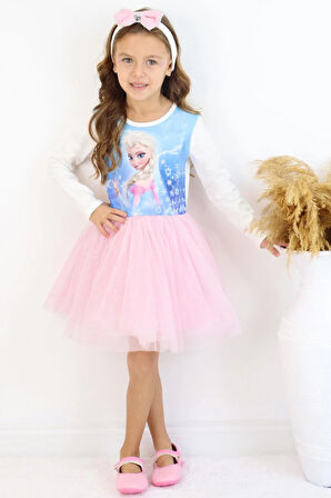 Babely Kız Çocuk Uzun Kollu Elbise Karlar Kraliçesi Elsa 5-10 Yaş, Mavi
