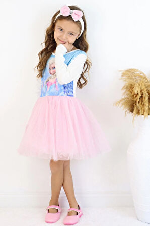 Babely Kız Çocuk Uzun Kollu Elbise Karlar Kraliçesi Elsa 5-10 Yaş, Mavi