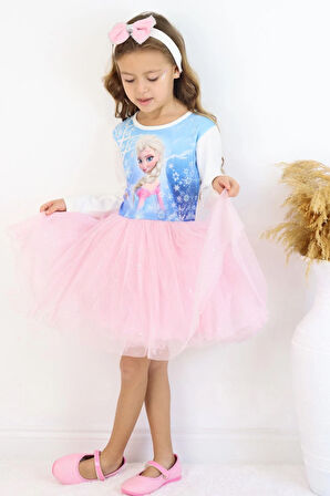Babely Kız Çocuk Uzun Kollu Elbise Karlar Kraliçesi Elsa 5-10 Yaş, Mavi