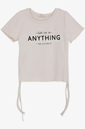 BREEZE Kız Çocuk Tişört Yanları Büzgülü Yazı Baskılı 8-14 Yaş, Bej