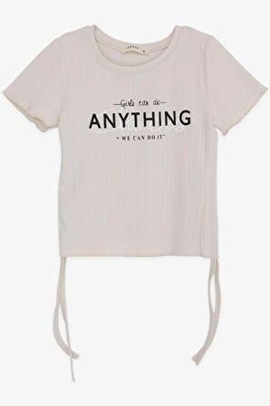 BREEZE Kız Çocuk Tişört Yanları Büzgülü Yazı Baskılı 8-14 Yaş, Bej