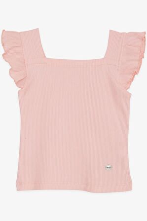 Breeze Kız Çocuk Tişört Crop Kare Yaka Fırfırlı Armalı 8-14 Yaş, Somon