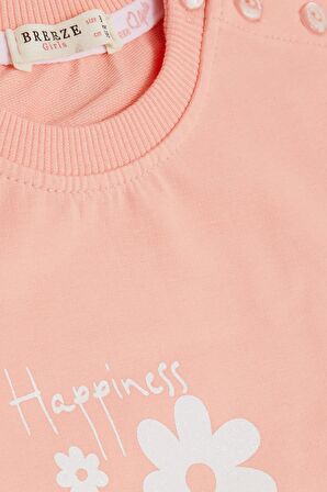 BREEZE Kız Bebek Sweatshirt Simli Çiçek Baskılı 9 Ay-3 Yaş, Somon