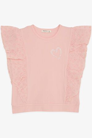 BREEZE Kız Çocuk Tişört Taşlı Kalp Baskılı Güpürlü 6-12 Yaş, Somon