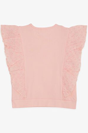 BREEZE Kız Çocuk Tişört Taşlı Kalp Baskılı Güpürlü 6-12 Yaş, Somon