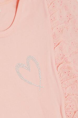 BREEZE Kız Çocuk Tişört Taşlı Kalp Baskılı Güpürlü 6-12 Yaş, Somon