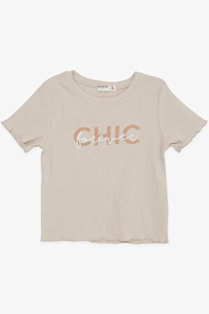 Breeze Kız Çocuk Tişört Crop Yazı Baskılı 8-14 Yaş, Bej