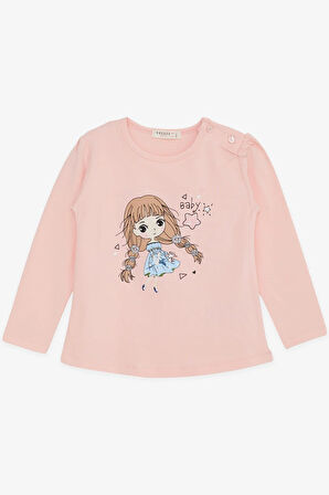 Breeze Kız Çocuk Uzun Kollu Tişört Çiçekli Kız Baskılı 1-4 Yaş, Somon