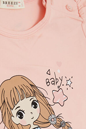 Breeze Kız Çocuk Uzun Kollu Tişört Çiçekli Kız Baskılı 1-4 Yaş, Somon