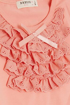 BREEZE Kız Çocuk Uzun Kollu Tişört Güpürlü Fiyonklu 3-8 Yaş, Somon