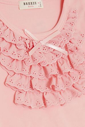 BREEZE Kız Çocuk Uzun Kollu Tişört Güpürlü Fiyonklu 3-8 Yaş, Pembe