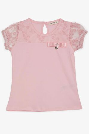 BREEZE Kız Çocuk Tişört Nakışlı Kolları Tül Lastikli 5-10 Yaş, Pembe