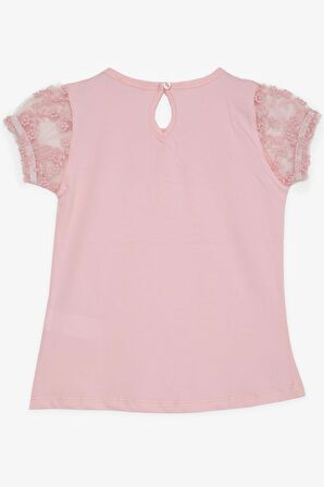 BREEZE Kız Çocuk Tişört Nakışlı Kolları Tül Lastikli 5-10 Yaş, Pembe