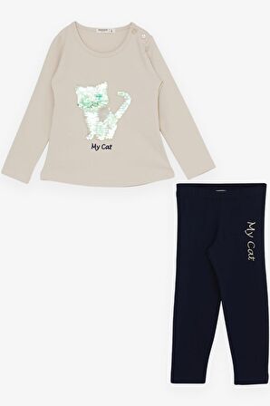 BREEZE Kız Çocuk Taytlı Takım Pullu Kedicik Baskılı Nakışlı 1.5-5 Yaş, Bej