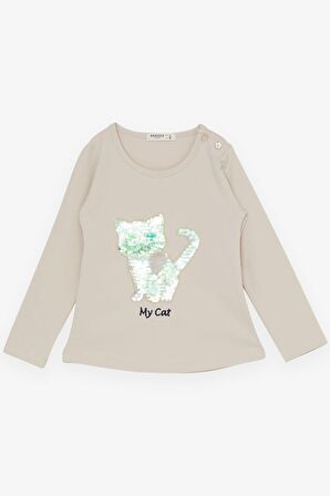 BREEZE Kız Çocuk Taytlı Takım Pullu Kedicik Baskılı Nakışlı 1.5-5 Yaş, Bej