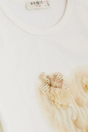 Breeze Kız Çocuk Uzun Kollu Tişört Ponponlu İncili 1-4 Yaş, Ekru