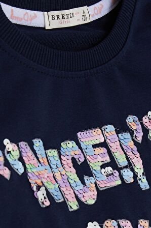 BREEZE Kız Çocuk Sweatshirt Pullu Yazı Baskılı 8-14 Yaş, Lacivert