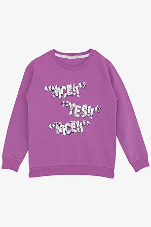 BREEZE Kız Çocuk Sweatshirt Pullu Yazı Baskılı 8-14 Yaş, Eflatun