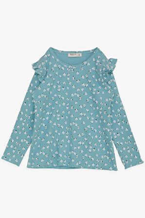 BREEZE Kız Çocuk Uzun Kollu Tişört Çiçek Desenli Omuzu Fırfırlı 2-6 Yaş, Su Yeşili