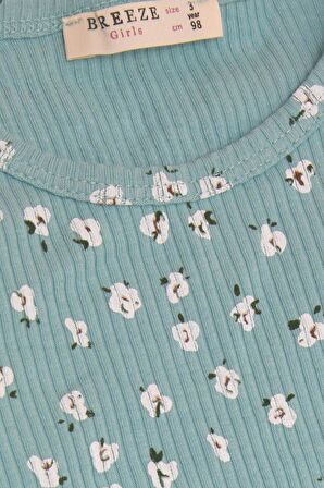 BREEZE Kız Çocuk Uzun Kollu Tişört Çiçek Desenli Omuzu Fırfırlı 2-6 Yaş, Su Yeşili